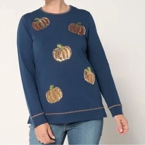 New Quacker Factory Kisses of Autumn Sequin French Terry Top Dark Navy Large